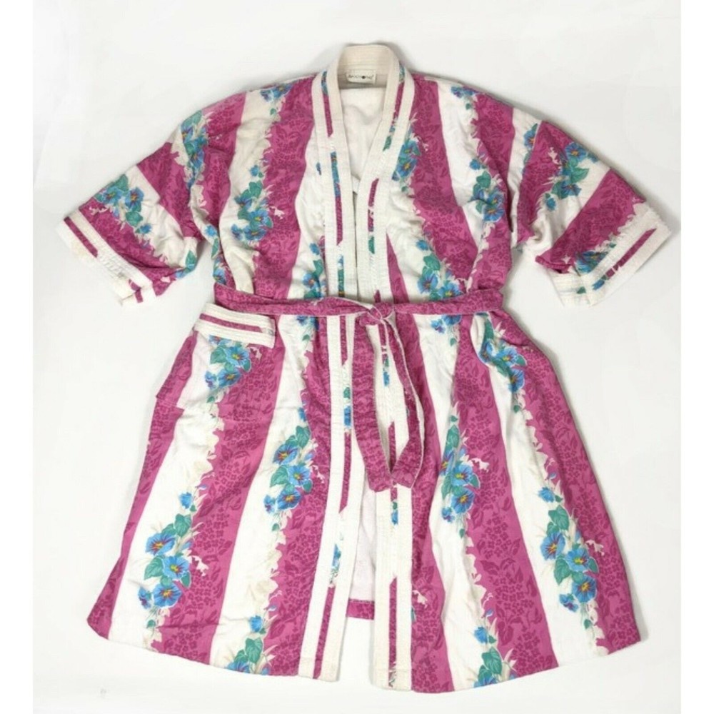 Apostrophe Floral Womens Robe sz Large Terry Lined Vintage 1980s Kimono Sleeves